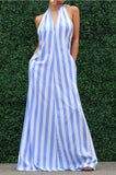 blue & white striped halter open back maxi dress