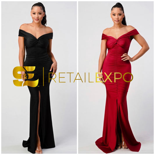 off the shoulder ruched mermaid maxi dress