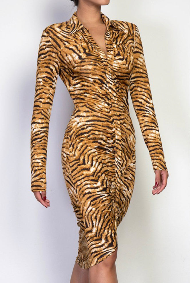 tiger print ruched midi dress