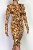 tiger print ruched midi dress