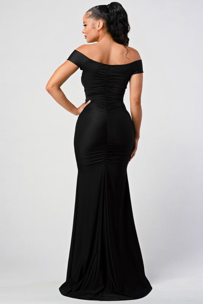 off the shoulder ruched mermaid maxi dress