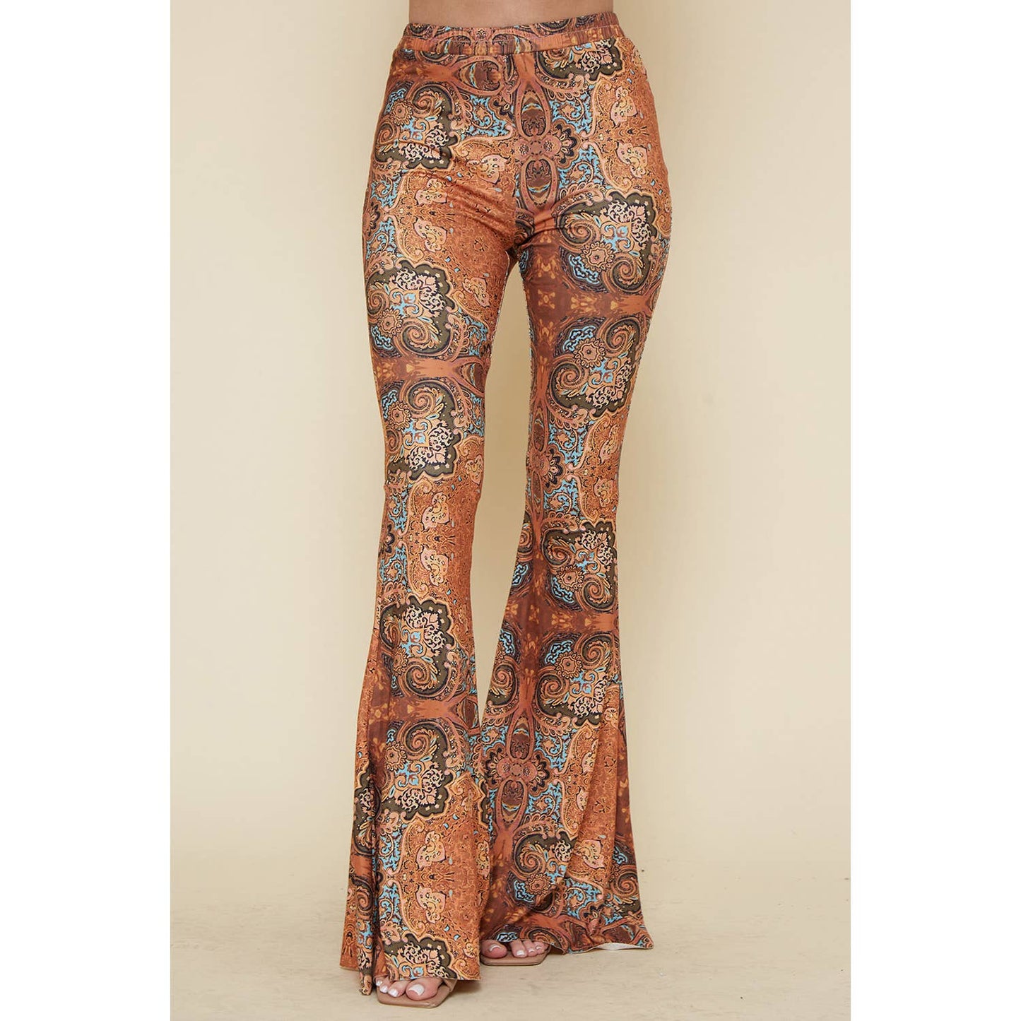 rust printed bell bottom pants