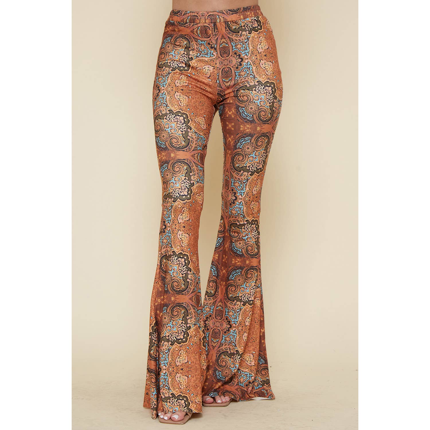 rust printed bell bottom pants