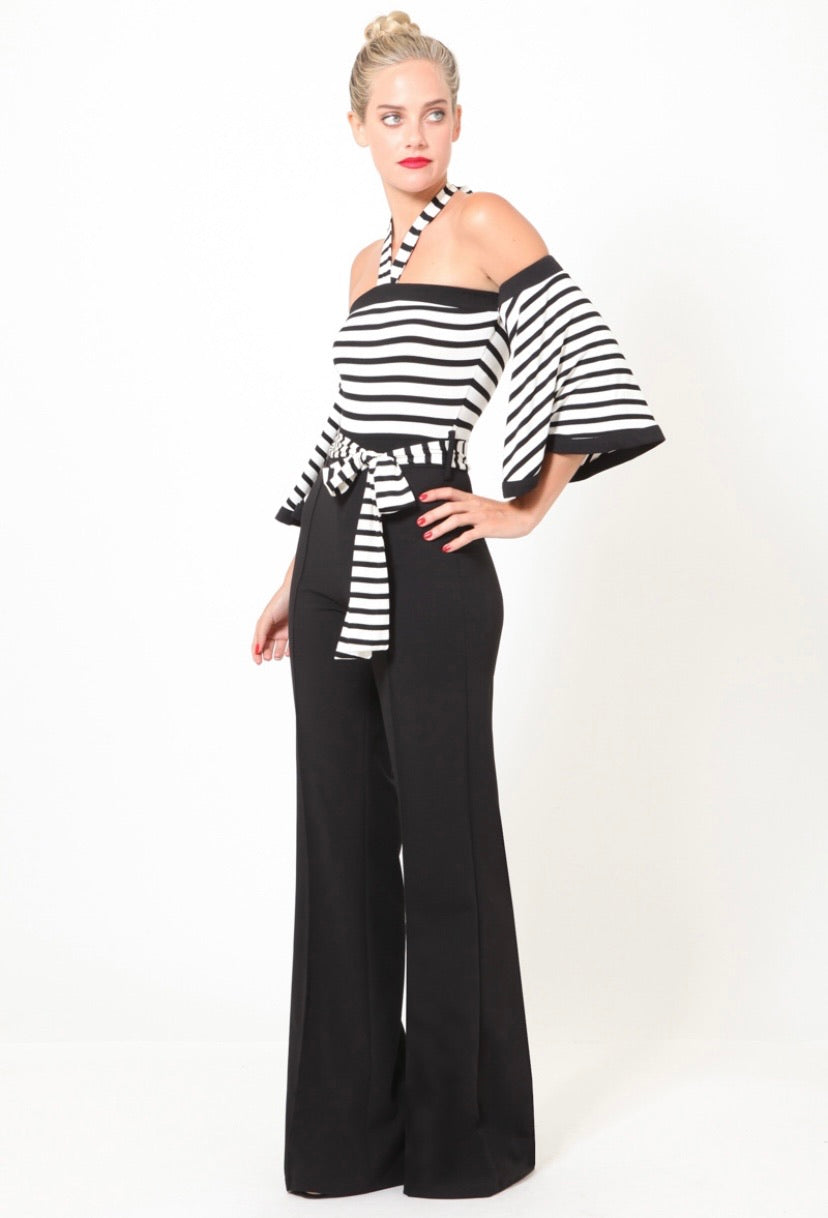 black & white off shoulder jumpsuit