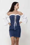 white on denim laced up dress