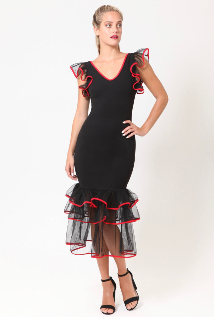 mesh bottom ruffled dress