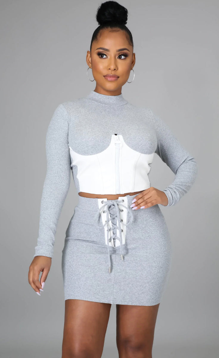 Sexy Part Leather Zippered Mini Skirt Set