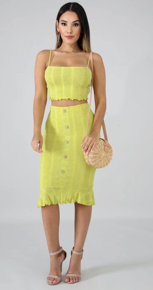 green knitted skirt & cropped top set