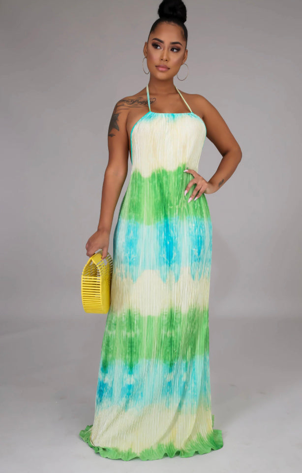 “dreams” pleated halter neck open back maxi dress