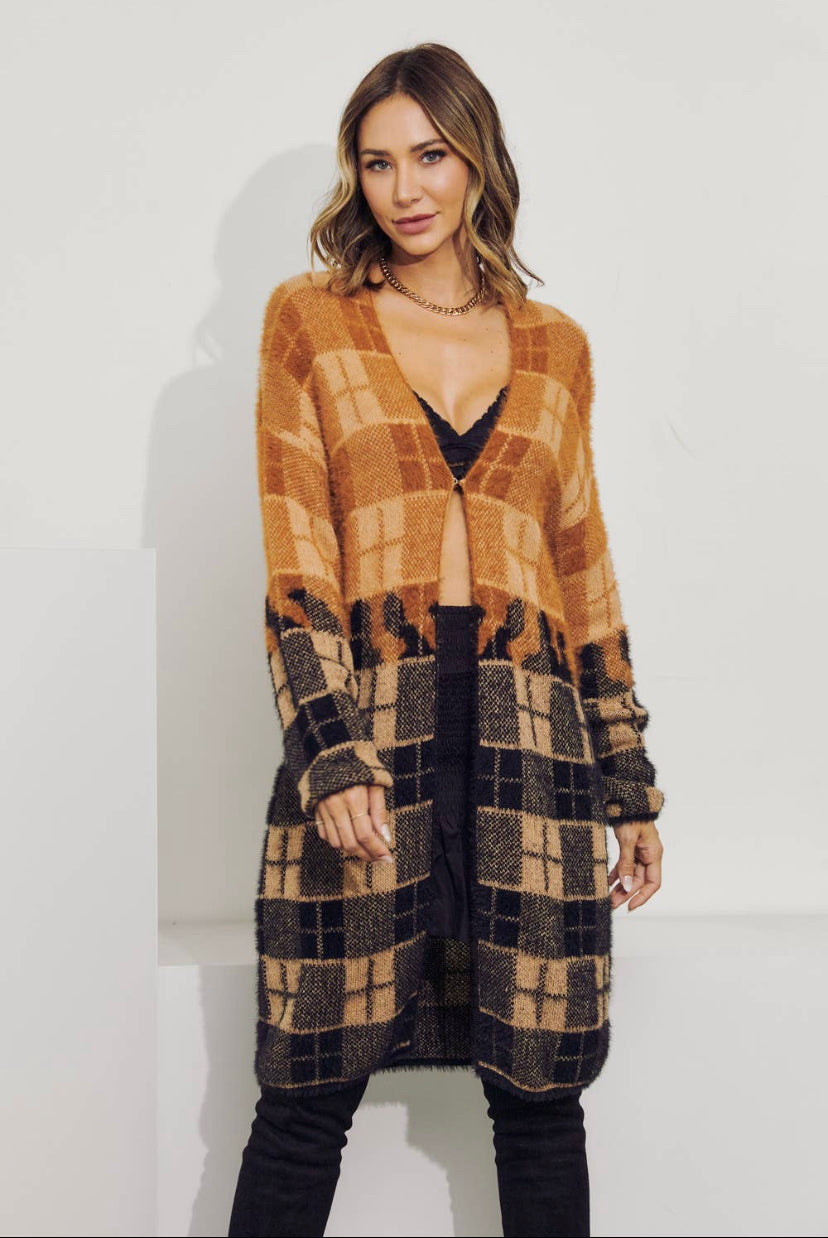 color block plaid long cardigan