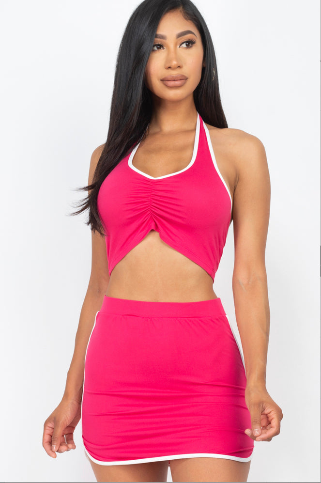 halter neck cropped top & mini skirt casual set