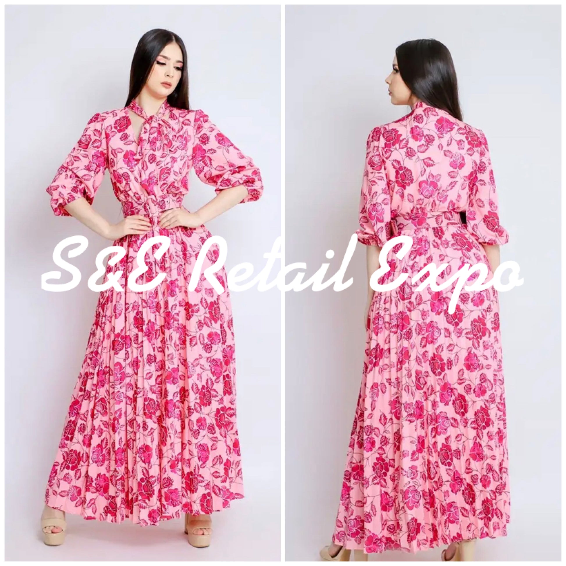 flower print tie-neck pleated maxi dress