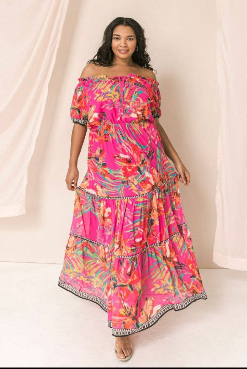 plus size printed off shoulder maxi dress