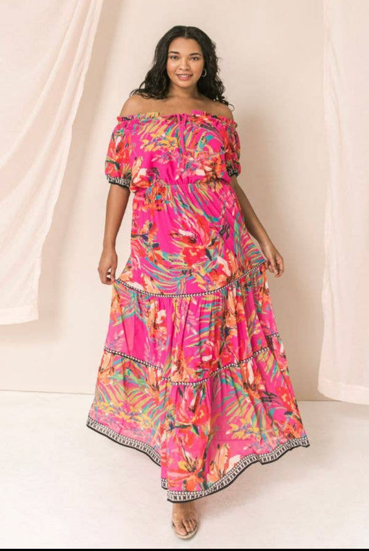 plus size printed off shoulder maxi dress