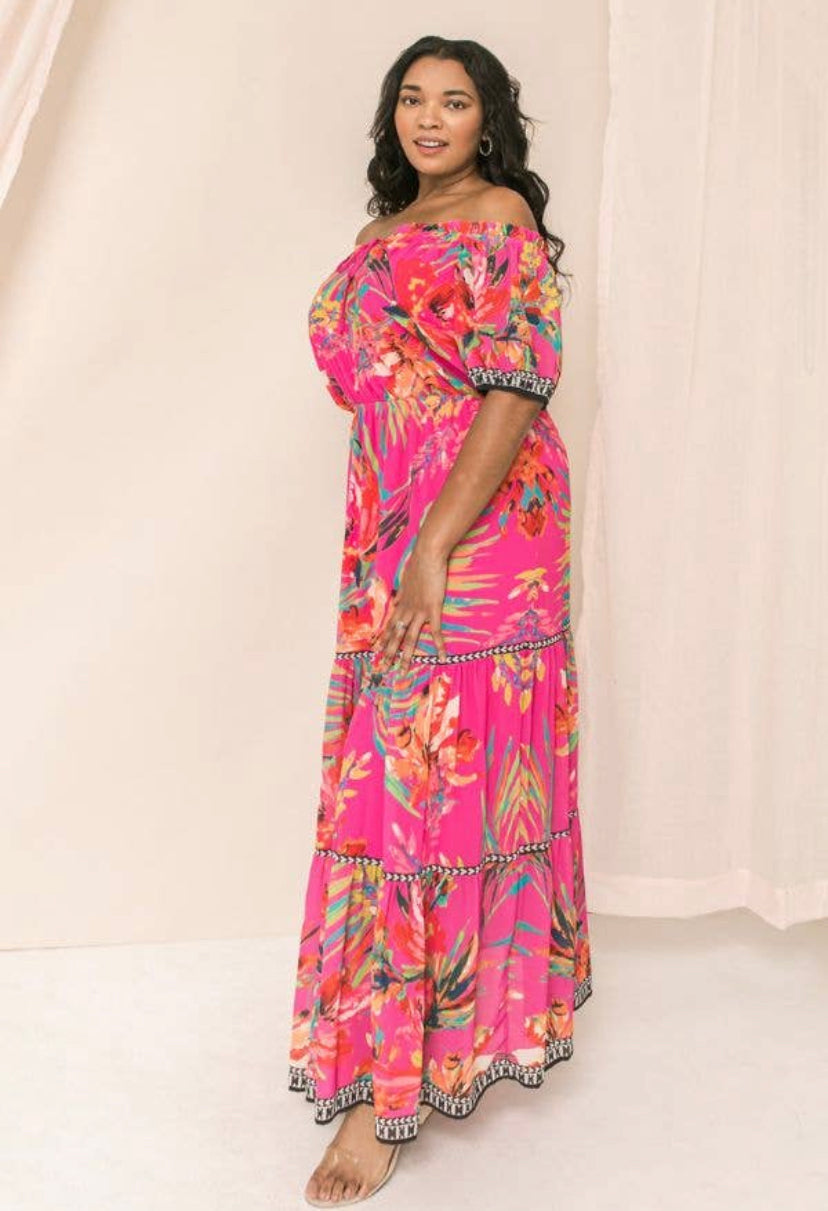plus size printed off shoulder maxi dress