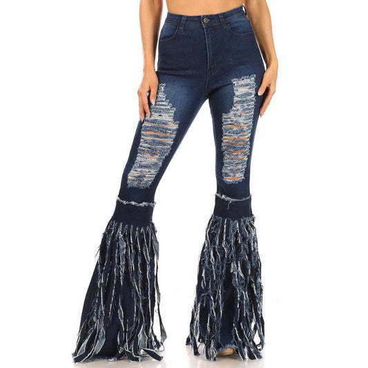 dark blue high rise frayed bottom stretch jeans