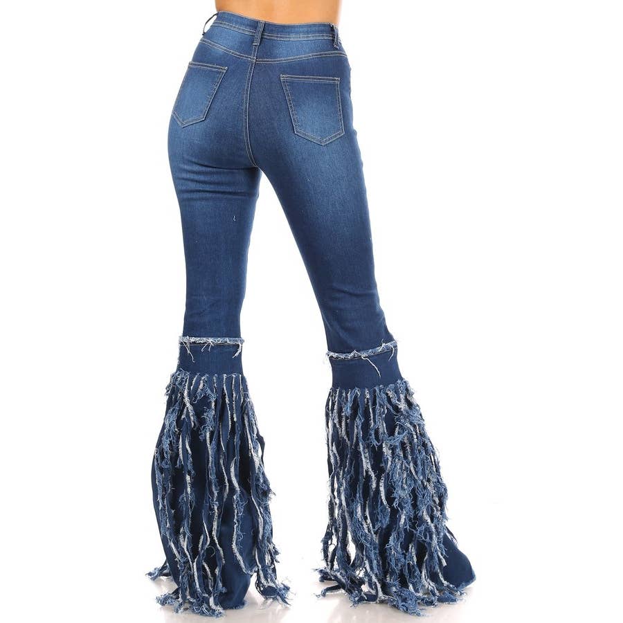 dark blue high rise frayed bottom stretch jeans