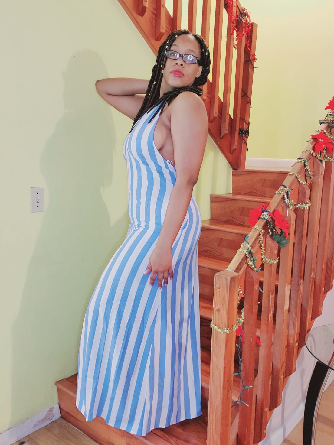 blue & white striped halter open back maxi dress