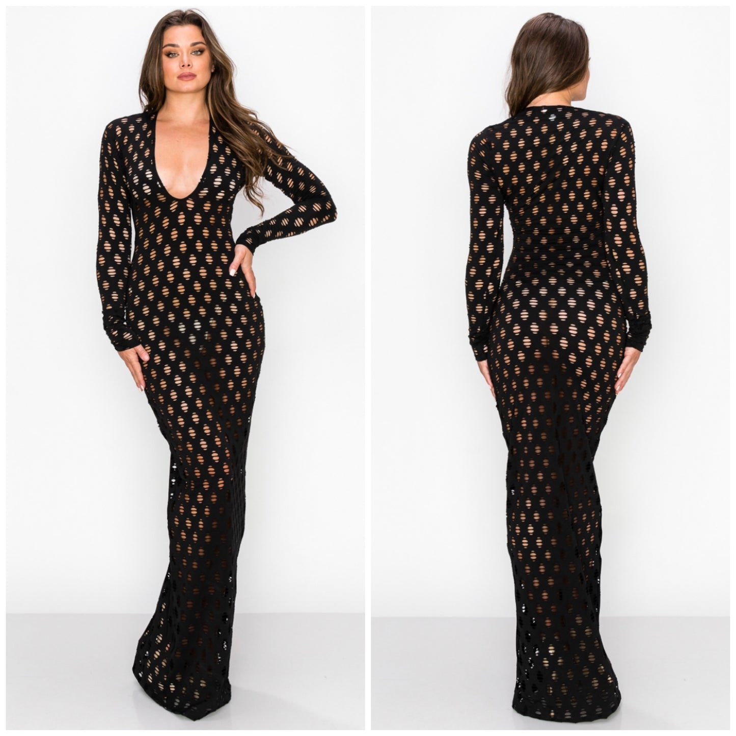 fishnet long sleeve maxi dress