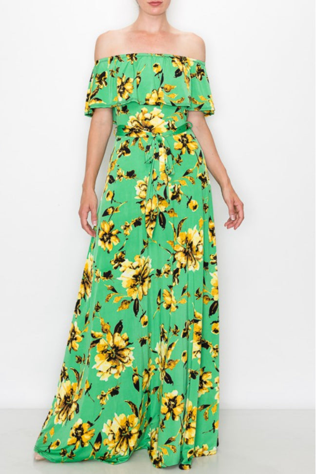off shoulder sunflower green maxi dress