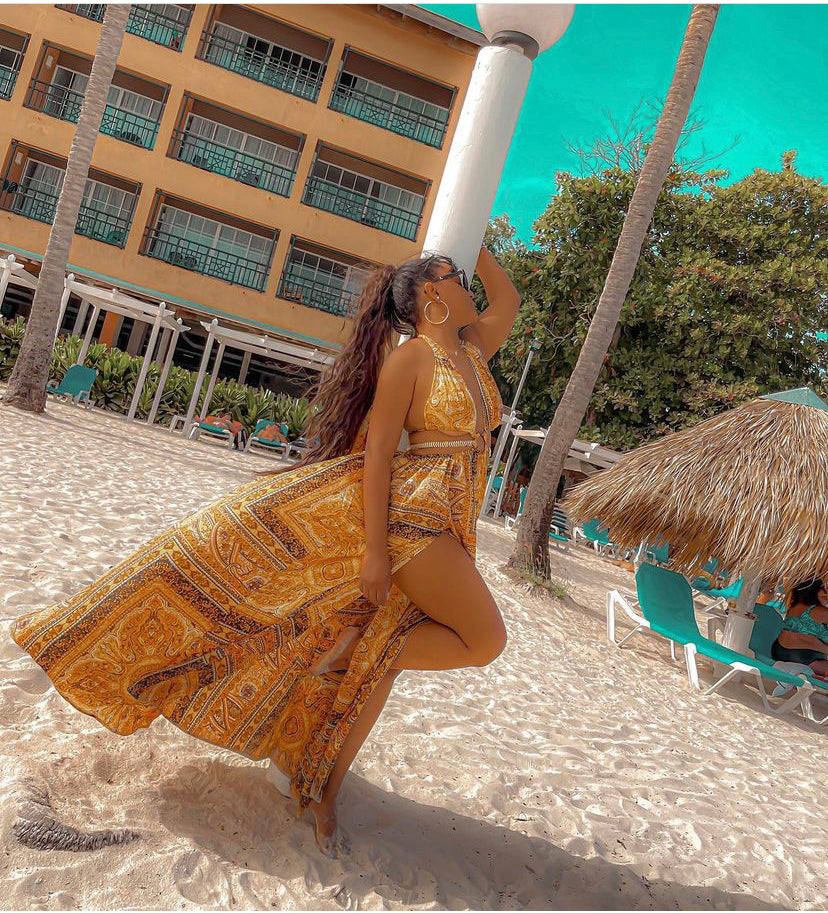 vacation double slit halter gold maxi dress