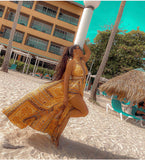 vacation double slit halter gold maxi dress