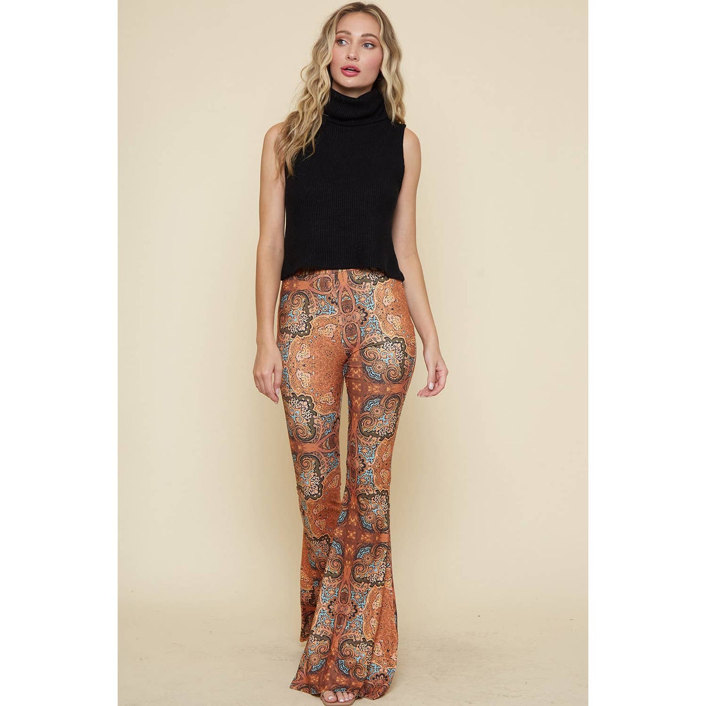 rust printed bell bottom pants
