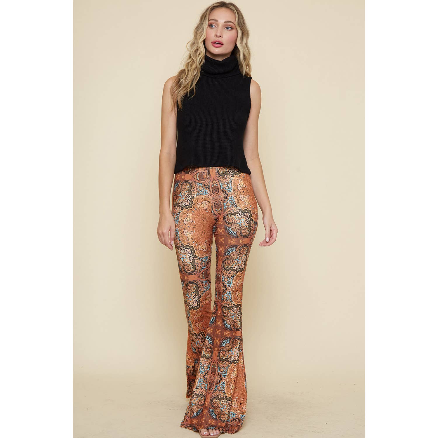 rust printed bell bottom pants