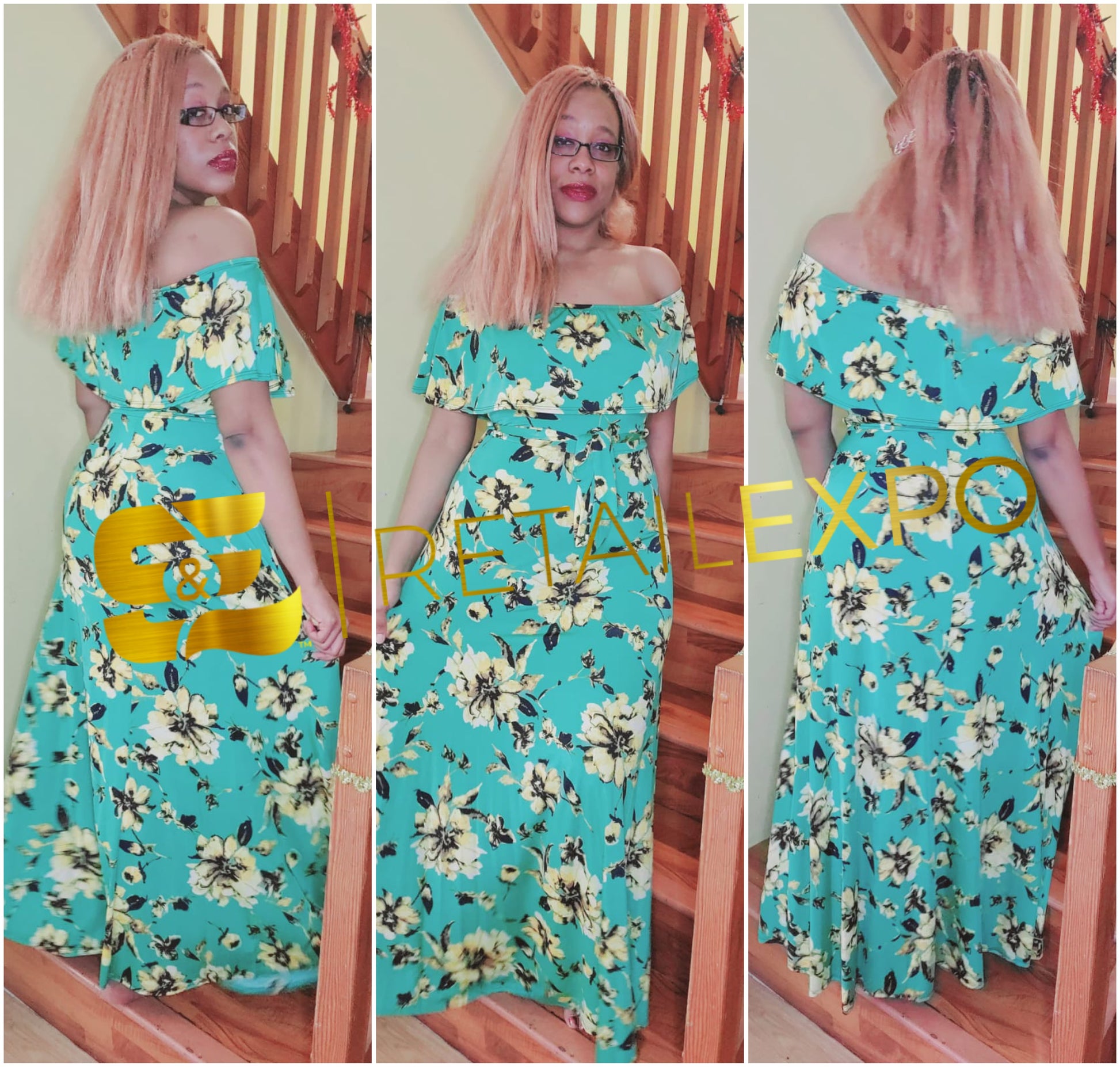 off shoulder sunflower green maxi dress