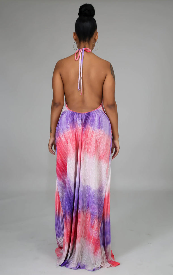 “dreams” pleated halter neck open back maxi dress