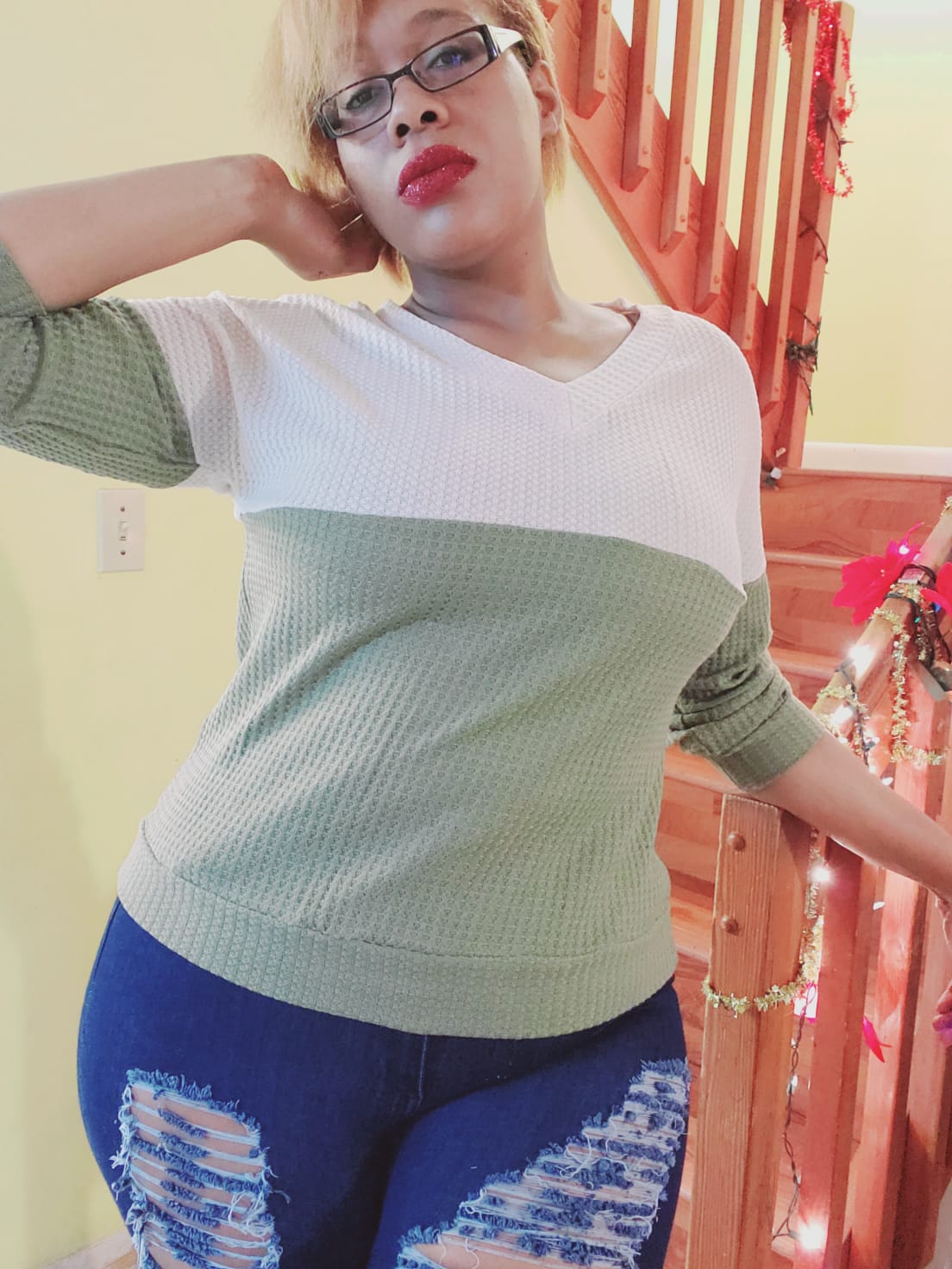 two-toned waffle knit long sleeve top