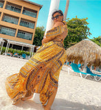 vacation double slit halter gold maxi dress