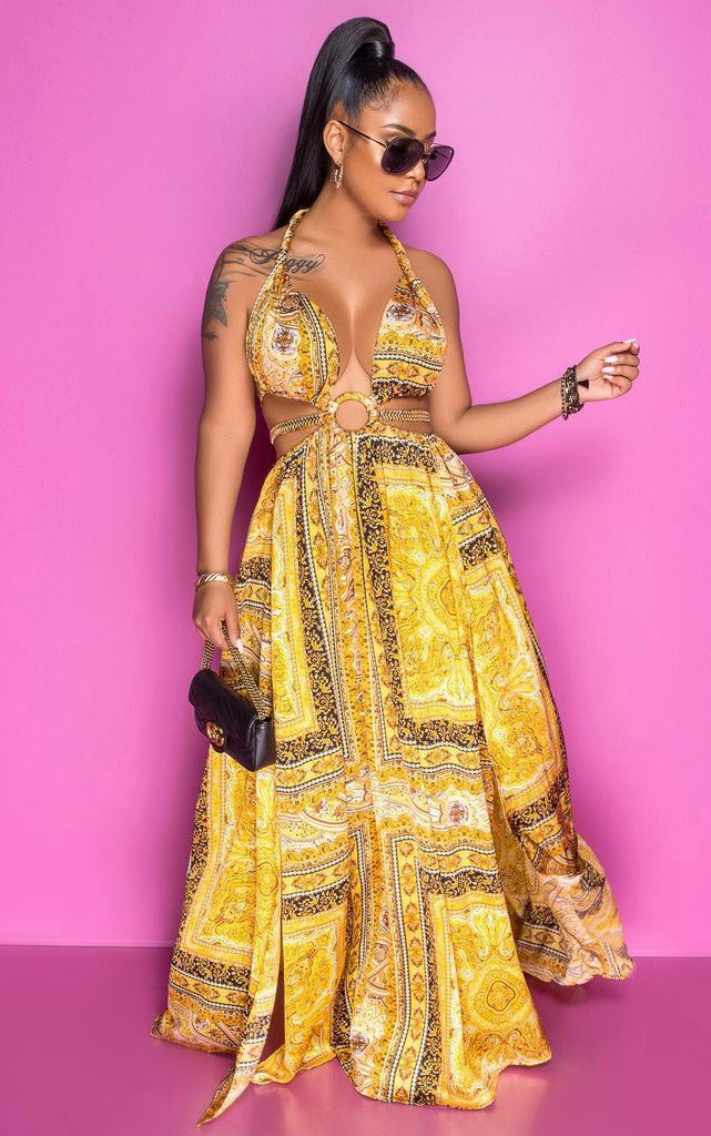 vacation double slit halter gold maxi dress