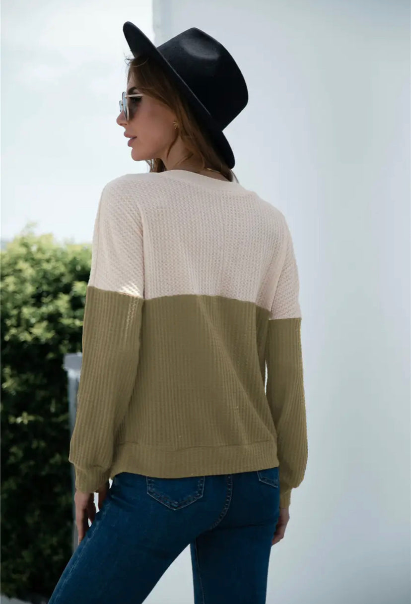 two-toned waffle knit long sleeve top