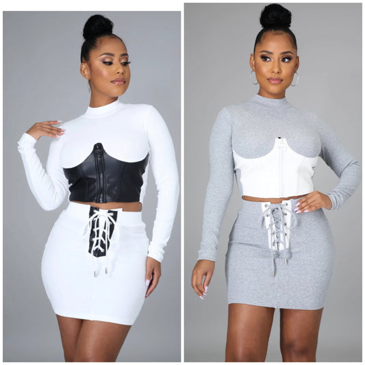 Sexy Part Leather Zippered Mini Skirt Set