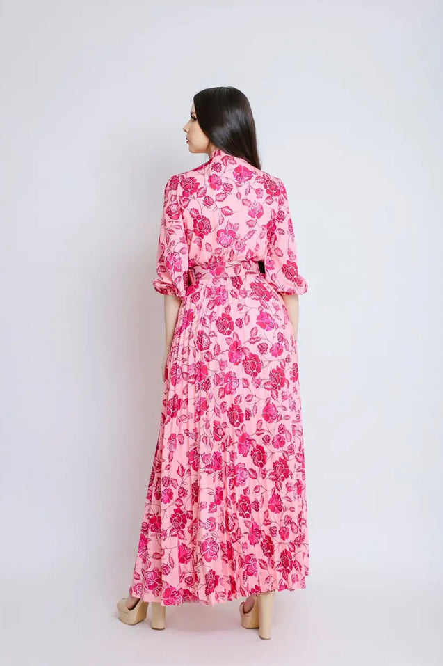 flower print tie-neck pleated maxi dress