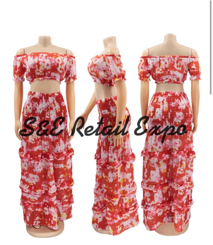 Red Multi Vacation Maxi Skirt & Cropped Top Set
