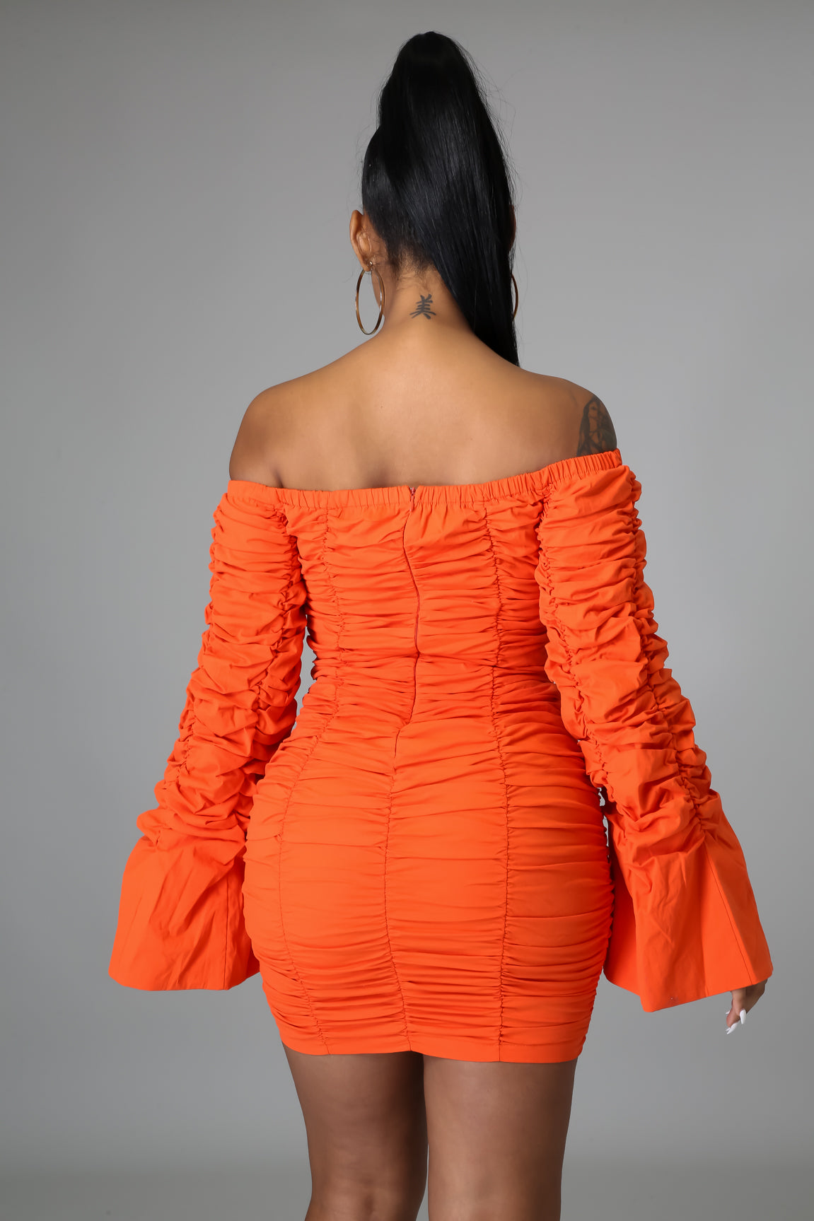 stretch denim off shoulder ruched ruffled mini dress