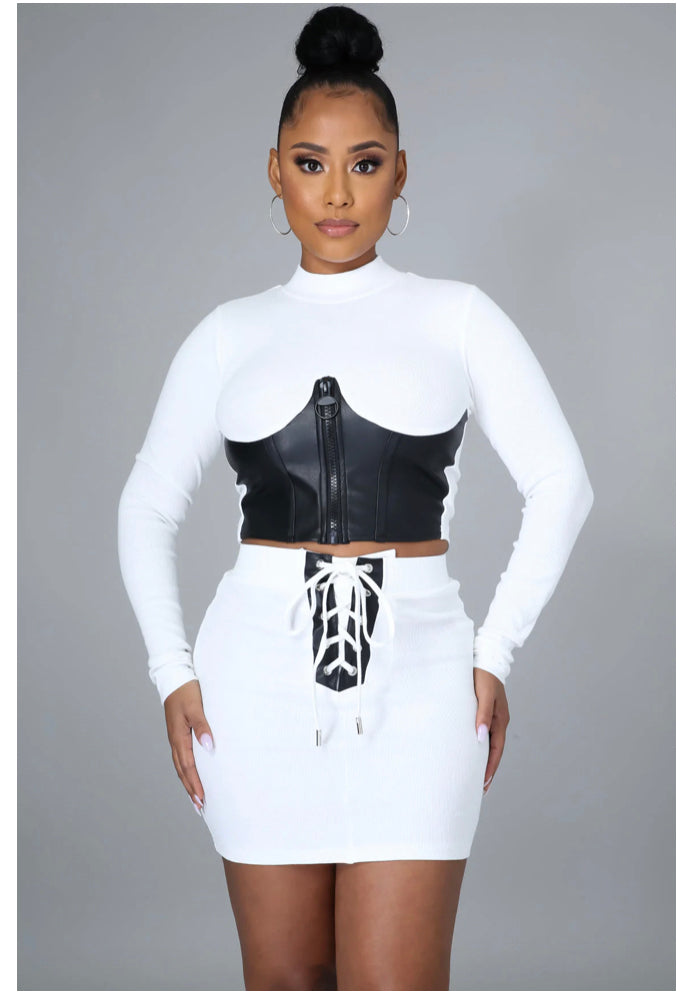 Sexy Part Leather Zippered Mini Skirt Set