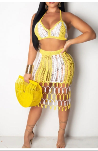 yellow & white crochet tassled coverup skirt set