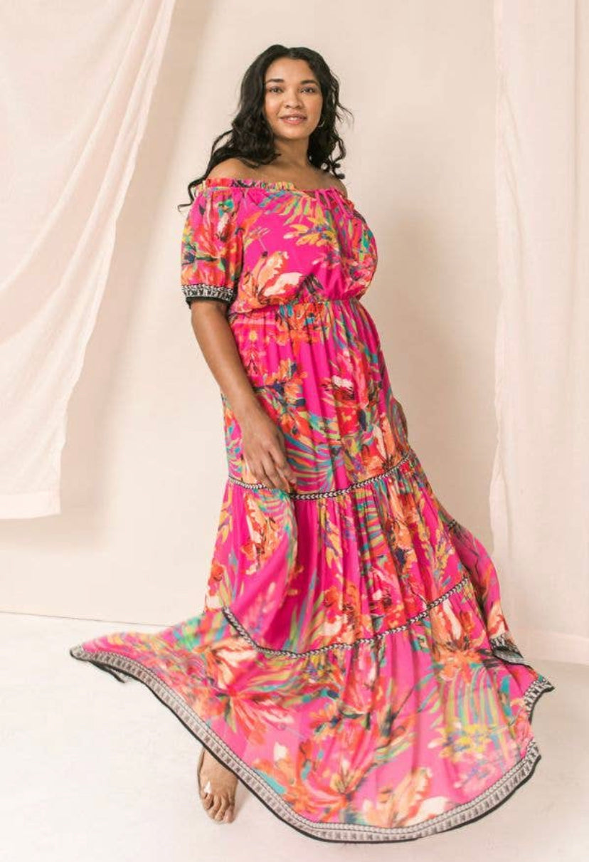 plus size printed off shoulder maxi dress