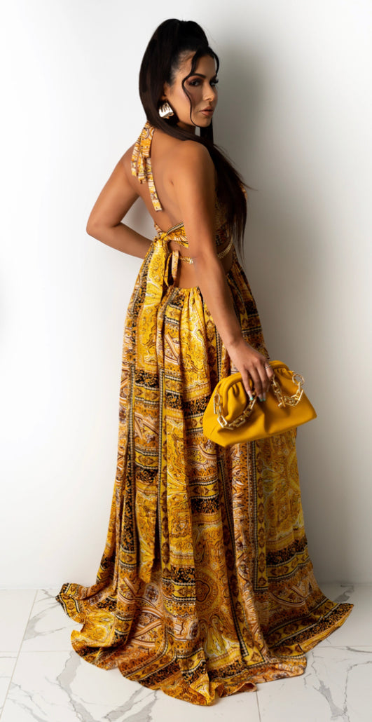 vacation double slit halter gold maxi dress