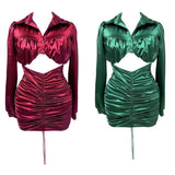 satin ruched open front mini dress