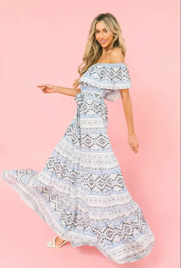 ivory off shoulder tiered maxi dress