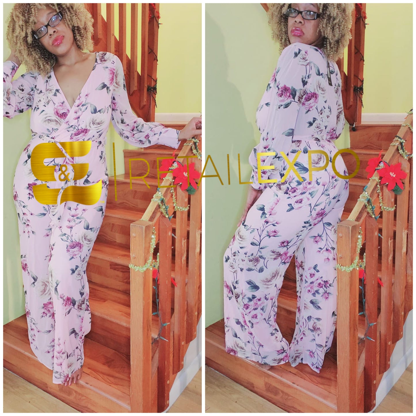 pink chiffon floral printed wide leg jumpsuit