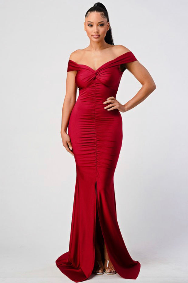 off the shoulder ruched mermaid maxi dress