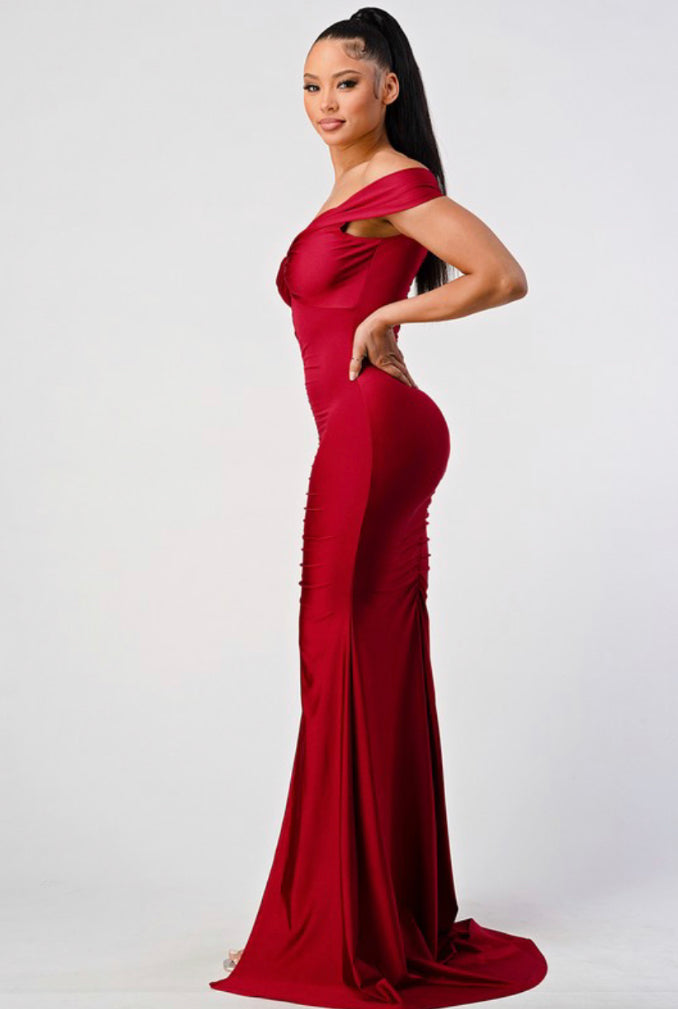 off the shoulder ruched mermaid maxi dress