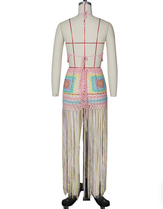 pink multicolor fringe swimwear set