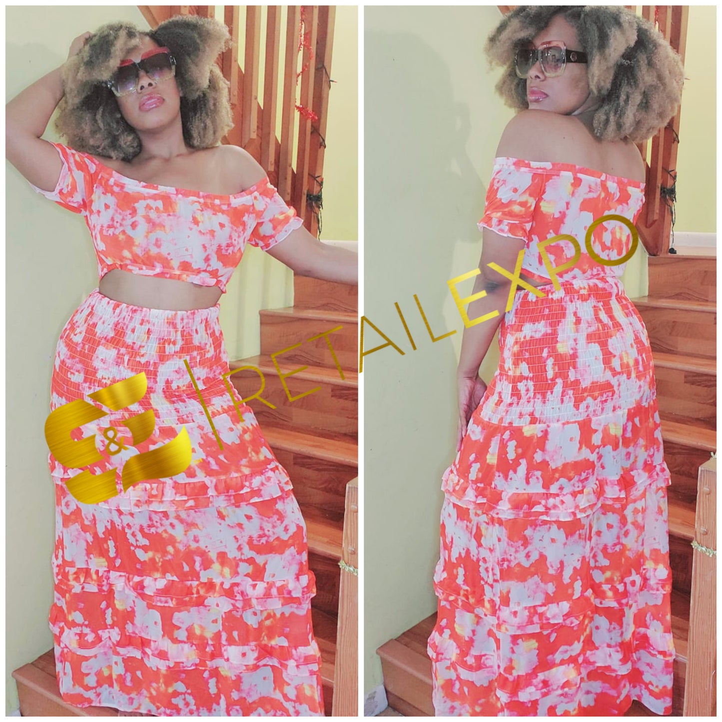 Red Multi Vacation Maxi Skirt & Cropped Top Set