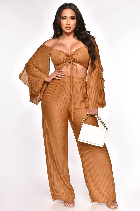Brown Pleated Wide Leg Pants & Ruched Long Sleeve Off Shoulder Top Set